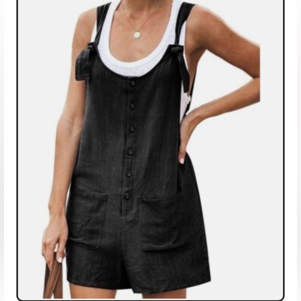 NWT Yeokou Black cotton/Linen Button-Front Short Overalls (rompers) size XL